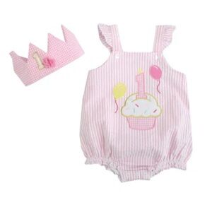Baby Starters Girl Ist Birthday boutique style outfit crown pink stripe cupcake